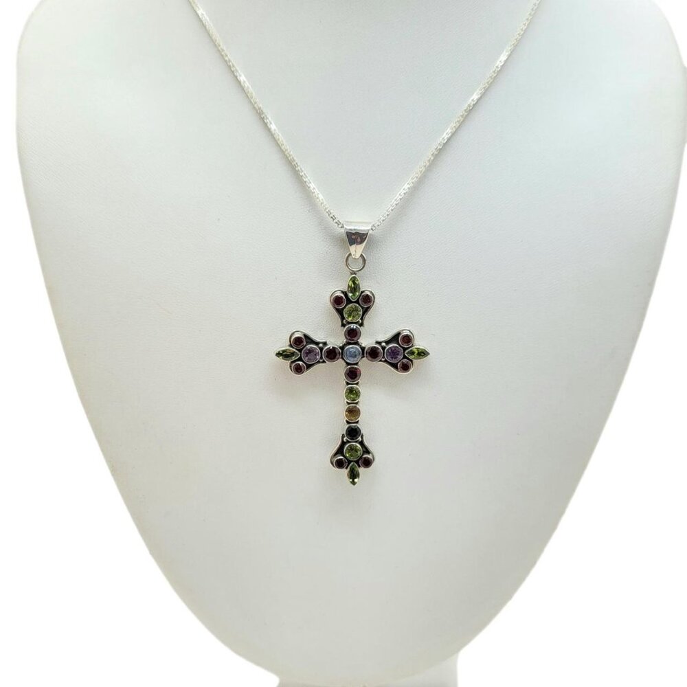 Fleur de Lis Gemstone Cross Pendant with Chain Nicky Butler .925 Sterling Silver - Picture 6 of 12